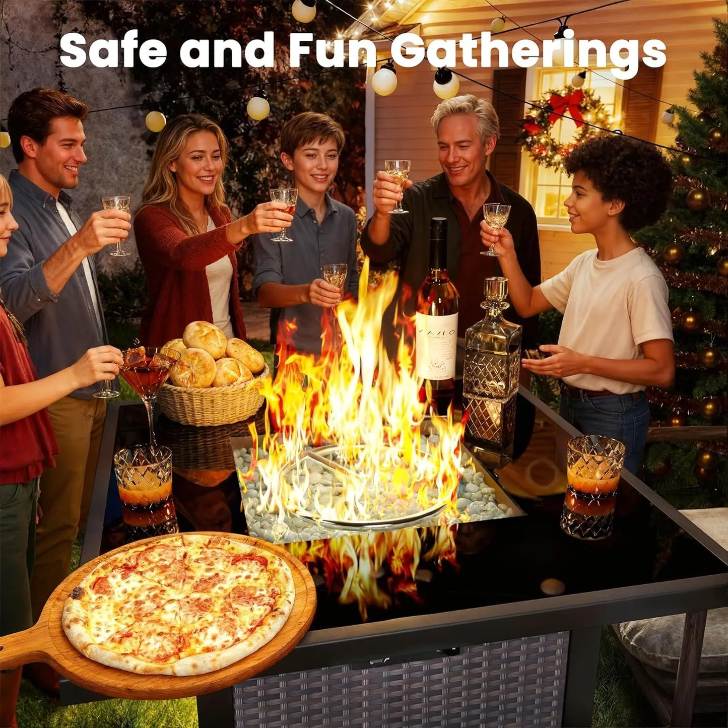 27" Square Rattan Propane Fire Pit Table with Glass Wind Guard Tempered Lid 50000 BTU CSA for Patio Deck Garden Customized
