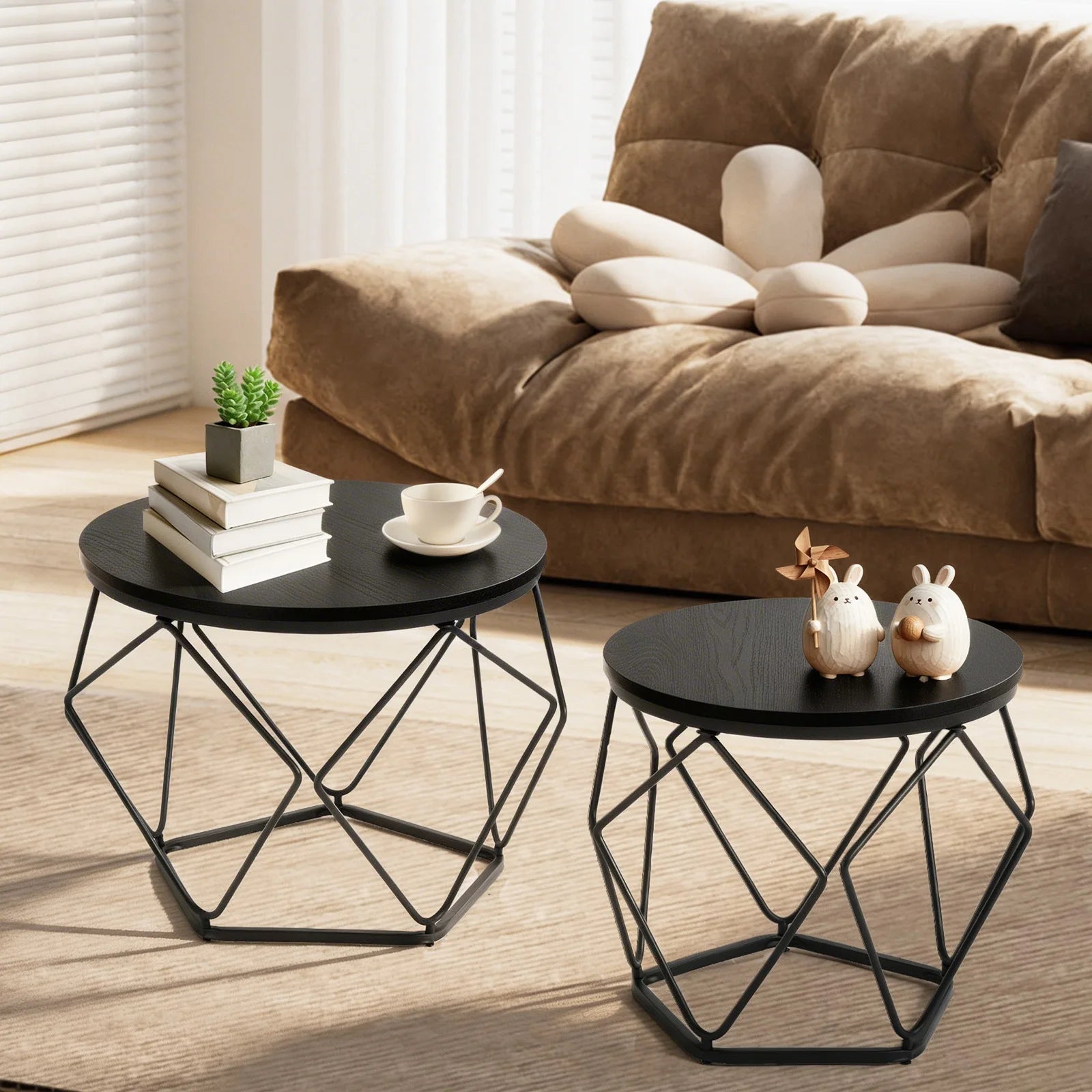 JHK 20IN Round Geometric Coffee Table Set of 2 Movable End Tables for Living Room Nesting Side Tables with Hidden Storage