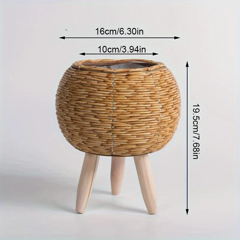 Charming Rustic Rattan Planter With Wooden Legs - Versatile Woven Storage Basket For Indoor/Outdoor Plants & Decor