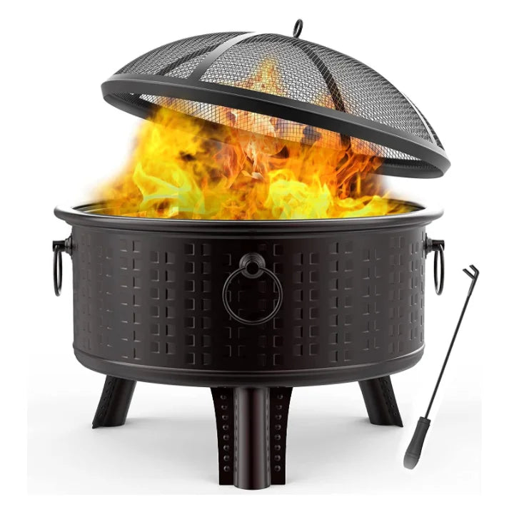 Large Outdoor Fire Pit Bowl - Round Wood Burning Patio Firebowl with Portable Poker and Spark Screen