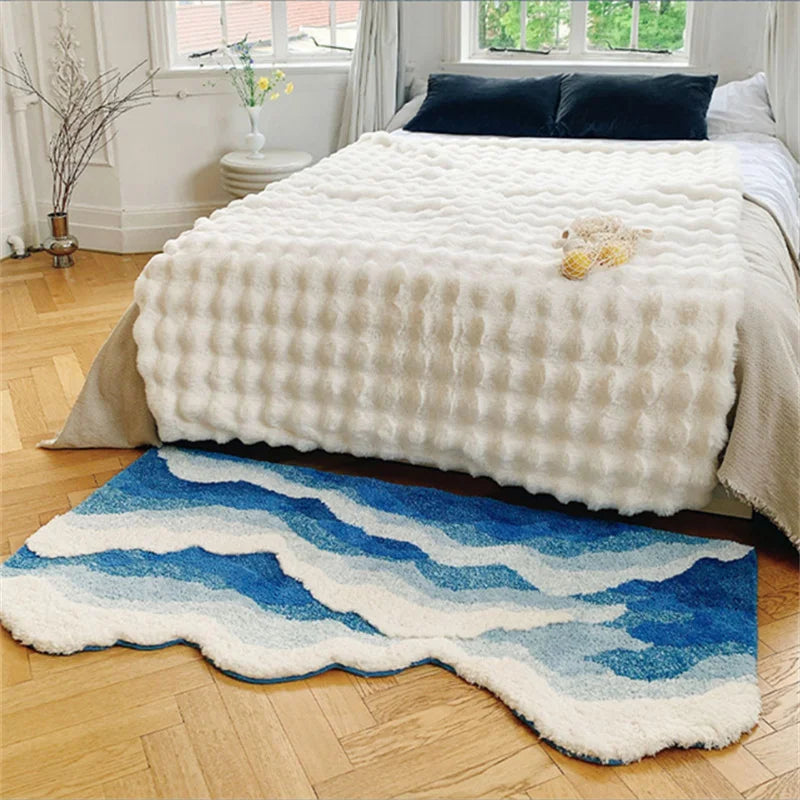 50x120cm Ocean Wave Soft Plush Runner Rug Blue White Gradient Tufted Floor Mat for Bedroom Living Room Home Decor