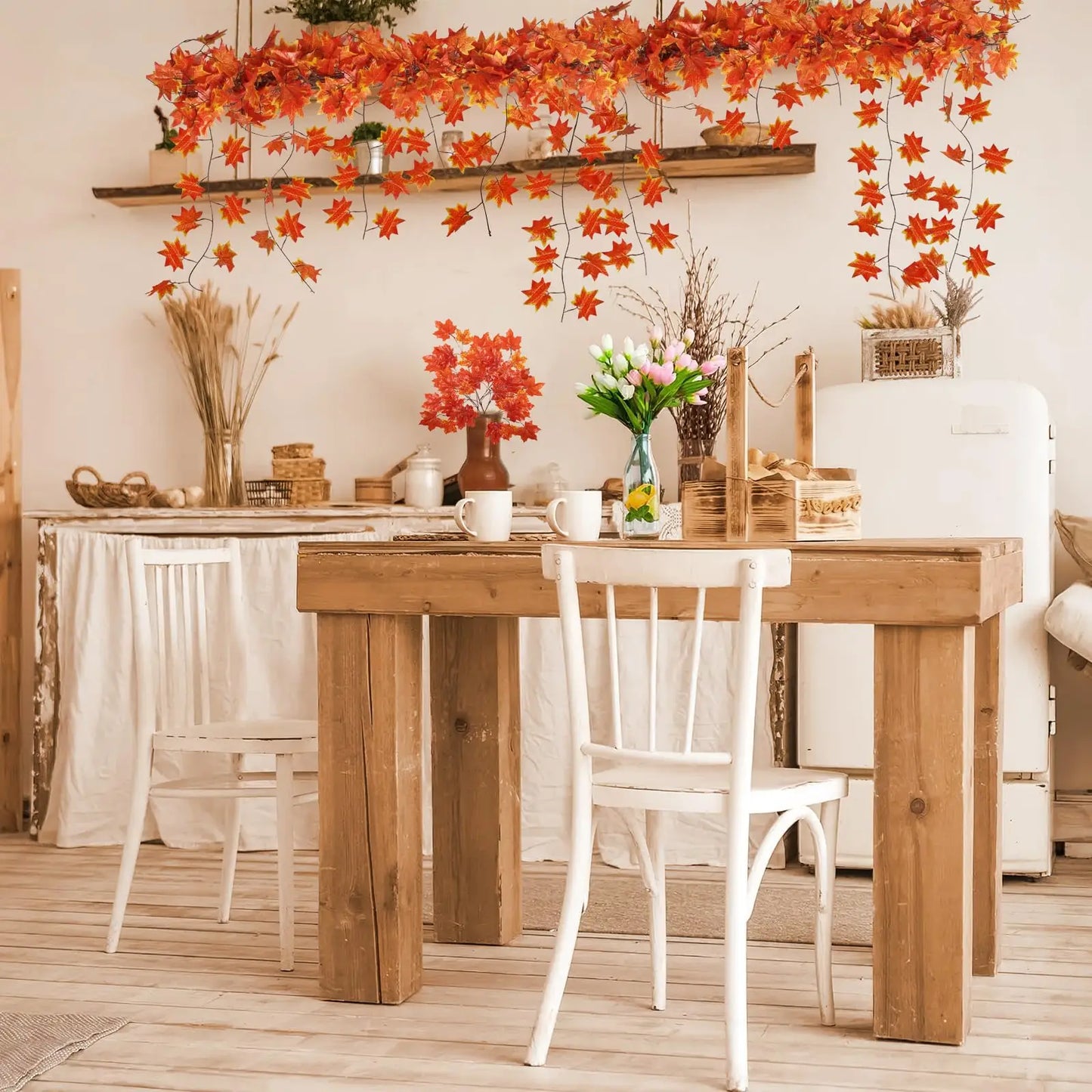 12pcs Artificial Maple Garland Hanging Vines Ivy Autumn Decor Thanksgiving Home Wedding Party Garden Fireplace Christmas Decor