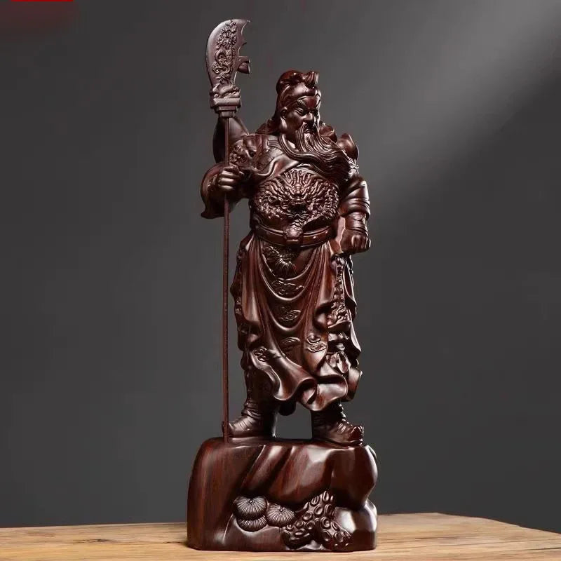 Hand-Carved Rosewood Guan Gong Statue - Chinese God of Wealth & Protection, Feng Shui Warrior Sculpture for Home/Business Blessi