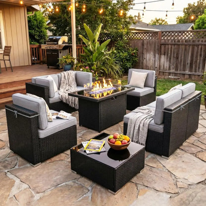 8 Pieces Patio Furniture Set with 44" Propane Gas Fire Pit Table, Outdoor Sectional Wicker Conversation Sofa Sets, Customized
