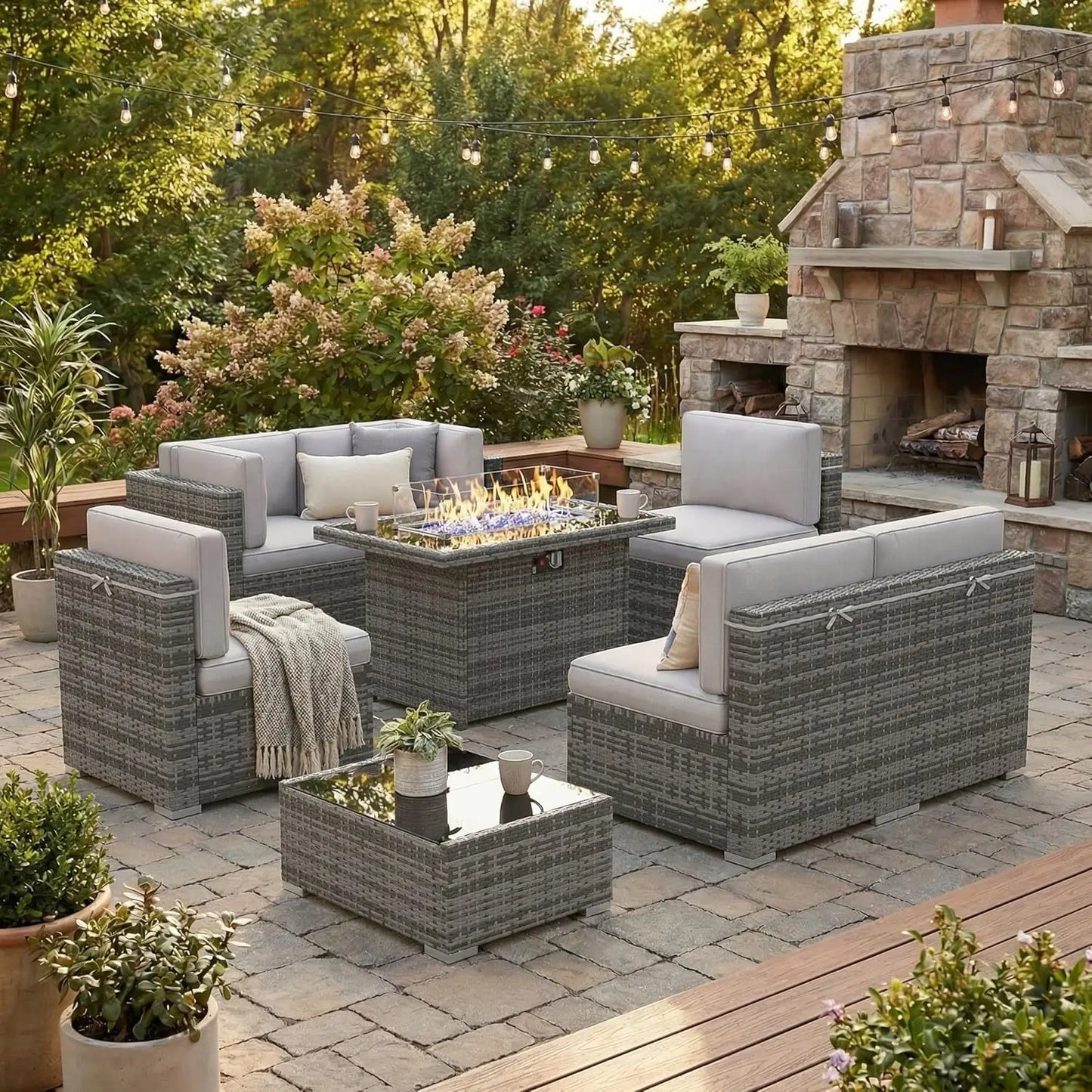 8 Pieces Patio Furniture Set with 44" Propane Gas Fire Pit Table, Outdoor Sectional Wicker Conversation Sofa Sets, Customized