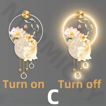 Koi Carp Living Room  Study Room  Bedroom Decoration  Painting Lamp  Lotus Corridor  Hanging Painting Of Nine Fish Wall Lamp LED
