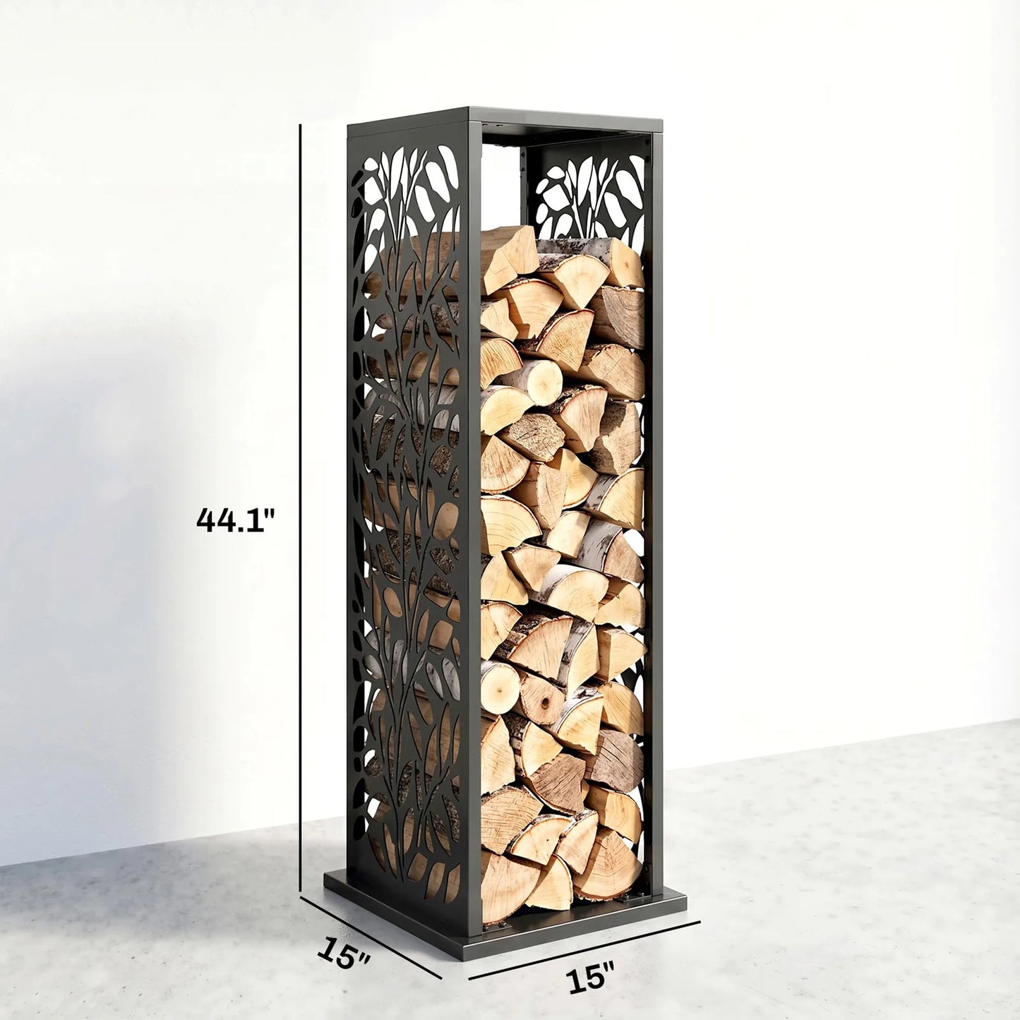 15 Inch Firewood Rack Outdoor Indoor with Cutout Design, Black