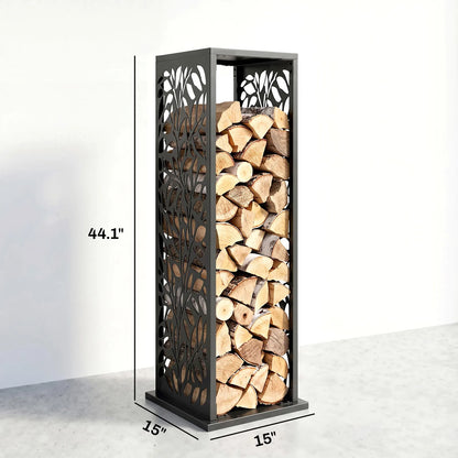 15 Inch Firewood Rack Outdoor Indoor with Cutout Design, Black