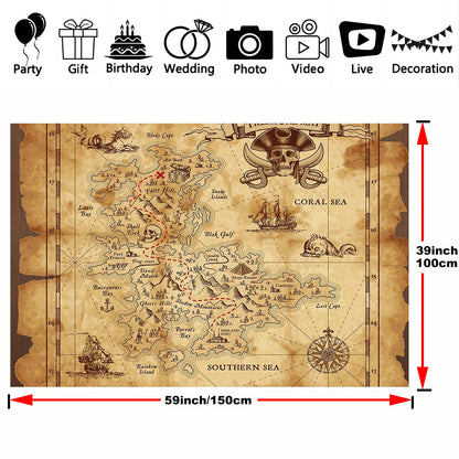 Pirate Treasure Map Background - Multi-functional party decoration suitable for theme events and game rooms, polyester fabric