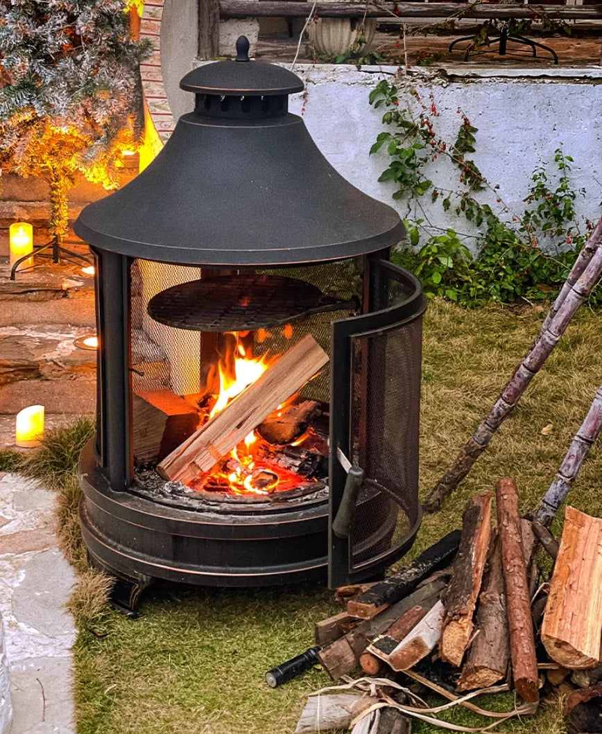 Outdoor Wood-Burning Campfire Stove Courtyard Fire Pit with Tea Stove and Barbecue Grill Home Fireplace for Camping Grills