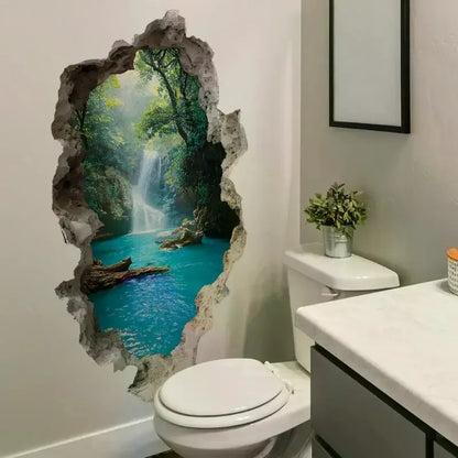 Landscape Wall Stickers For Bedrooms Room Bathroom Home Decoration Stickers Creative Hole Valley Waterfall Scenic Wall Stickers