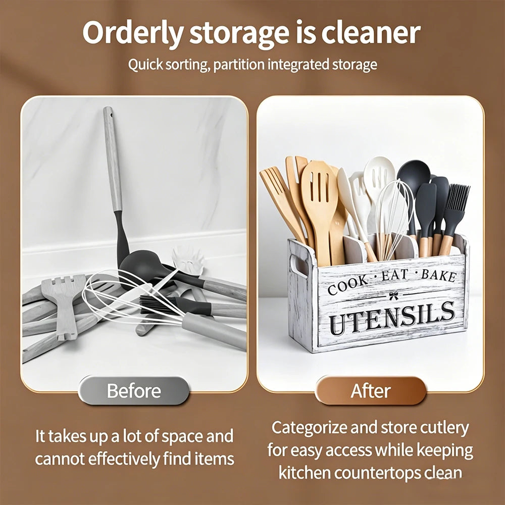 Rustic Wooden Kitchen Utensil Holder - 3-Compartment Countertop & Wall-Mounted Organizer for Spoons Whisks & More Space-Saving