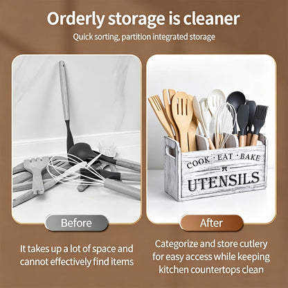 Rustic Wooden Kitchen Utensil Holder - 3-Compartment Countertop & Wall-Mounted Organizer for Spoons Whisks & More Space-Saving
