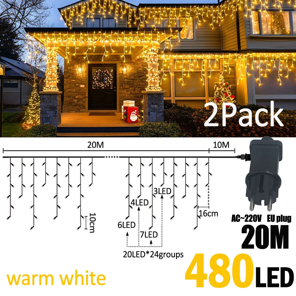 LED Christmas Icicle Curtain String Lights 20M+10M 480LED Extens 8Modes, Plug in Waterproof for Wedding Party Home Garden