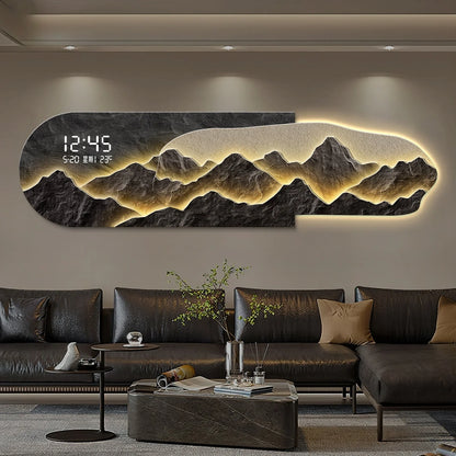 2026 High End Living Room Decoration Painting LED Digital Electronic Clock Mountain Back Atmosphere Light Hanging Painting