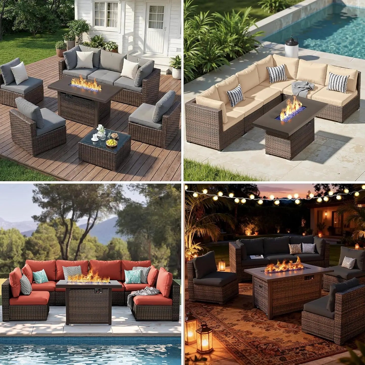 7-Pieces Patio Furniture Sets Outdoor Sectional Sofa with 44'' Propane Rattan Wicker Firepit Table, Patio Sectional, Customized