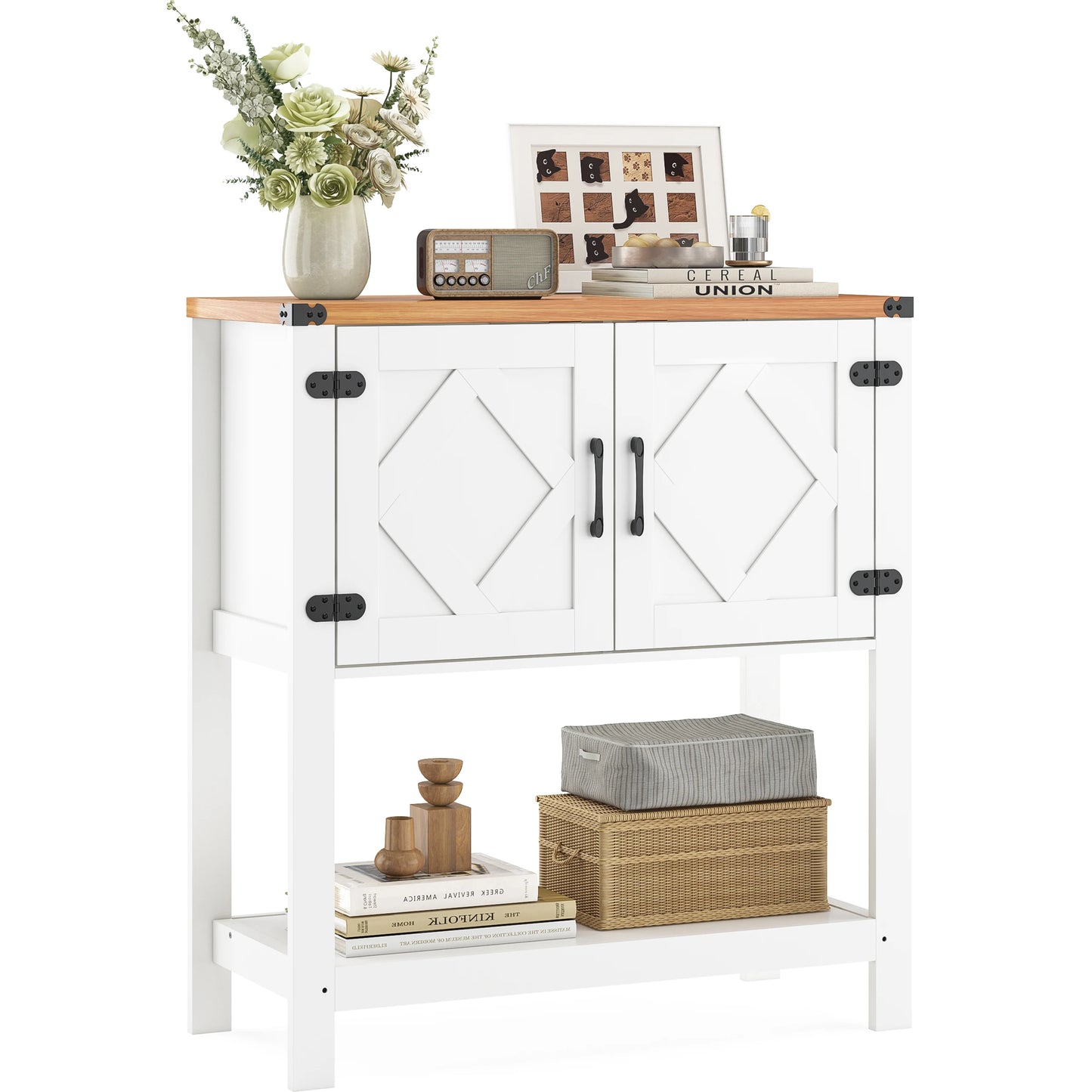 31.5" Farmhouse Coffee Bar Table with Power Outlet, Modern Entryway Console with Storage Cabinet
