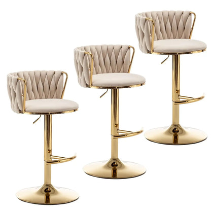 Gold Velvet Bar Stools Set of 3, Swivel Counter Height Bar Stools with Back, Adjustable Woven Barstools for Kitchen, Customized