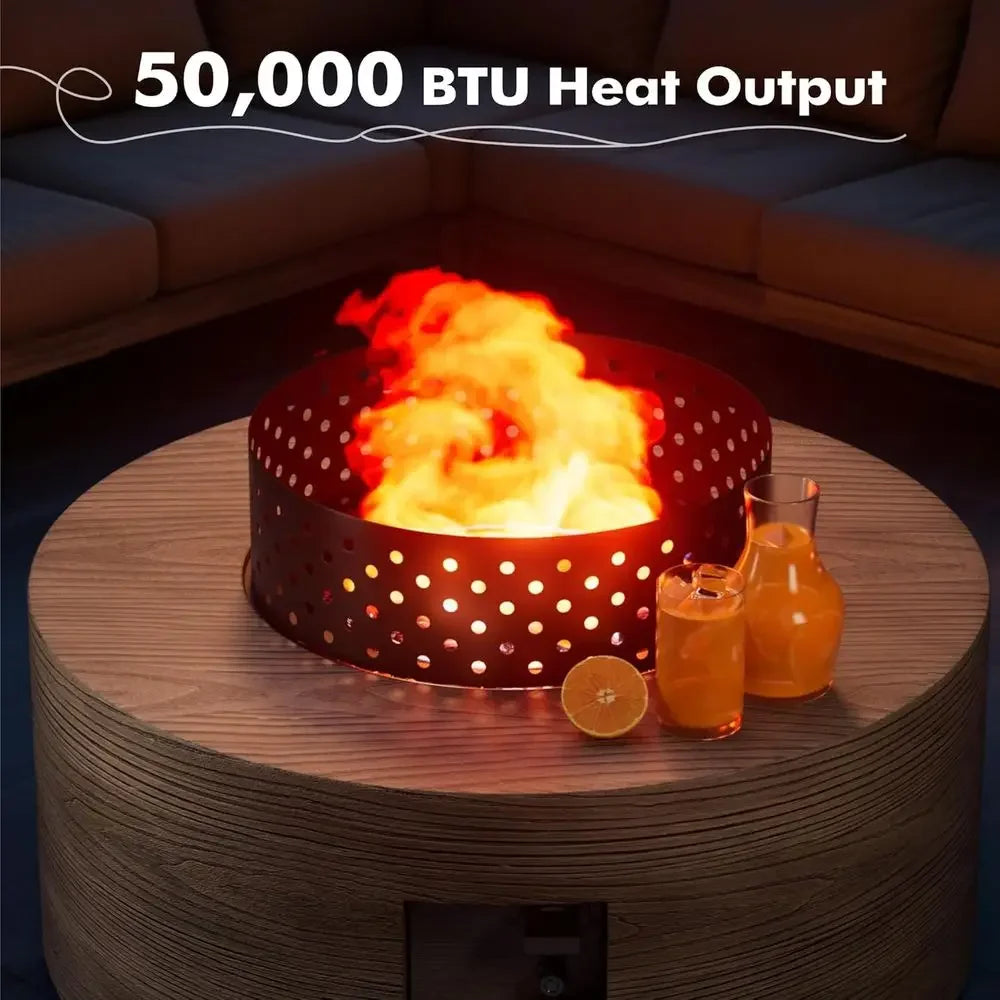 30 Round Propane Fire Pit Table with 50K BTU, Lid, Rock Tank Storage, and Cover - Outdoor Patio Gas Fire Pit with Teak Finish