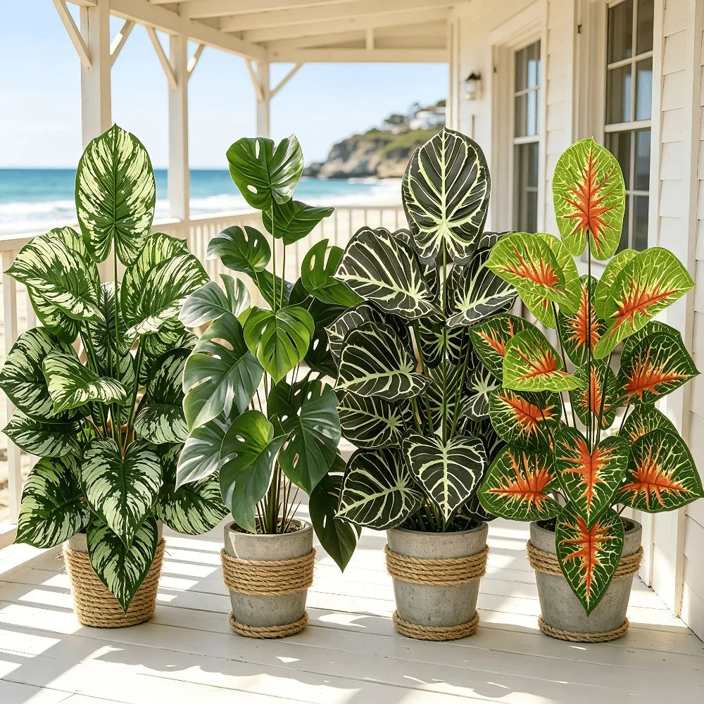 4pcs Artificial Plant Set Broadleaf Tropical Rainforest Palm Tree Indoor Outdoor Potted Plants for Wedding Office Hotel Garden