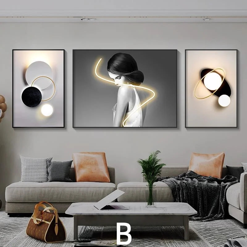 Living Room Decoration Painting LED Lighting Mural Painting Character Triptych Hanging Painting Bedroom Sofa Background Wall