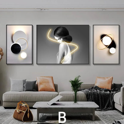 Living Room Decoration Painting LED Lighting Mural Painting Character Triptych Hanging Painting Bedroom Sofa Background Wall