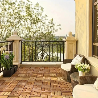 20-Piece Solid Acacia Interlocking Deck Tiles Outdoor Patio Flooring 12x12x0.9-Inch Waterproof for Balconies Backyards Porches Poolside All-Weather Use Brown Cross-Grain Square Joints