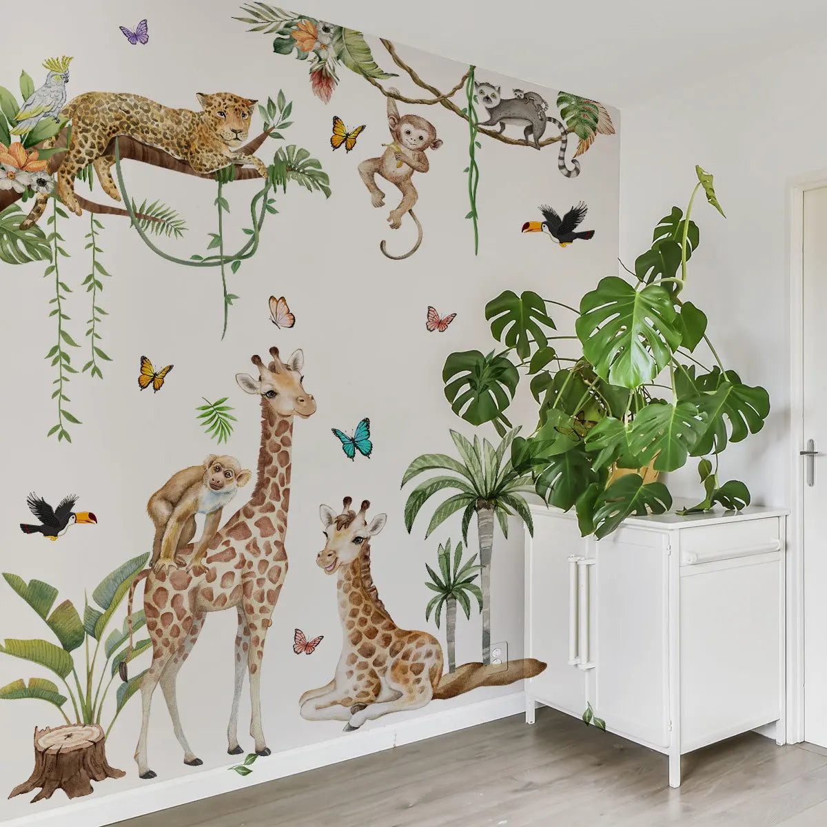 Large Forest Animals Wall Sticker Jungle Safari Giraffe Monkey Leopard Wallpaper for Kids Room Baby Bedroom Nursery Decoration