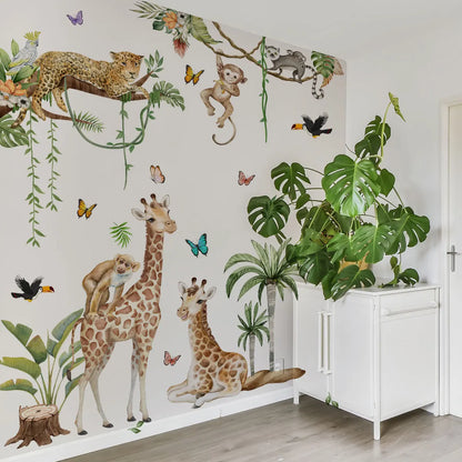 Large Forest Animals Wall Sticker Jungle Safari Giraffe Monkey Leopard Wallpaper for Kids Room Baby Bedroom Nursery Decoration