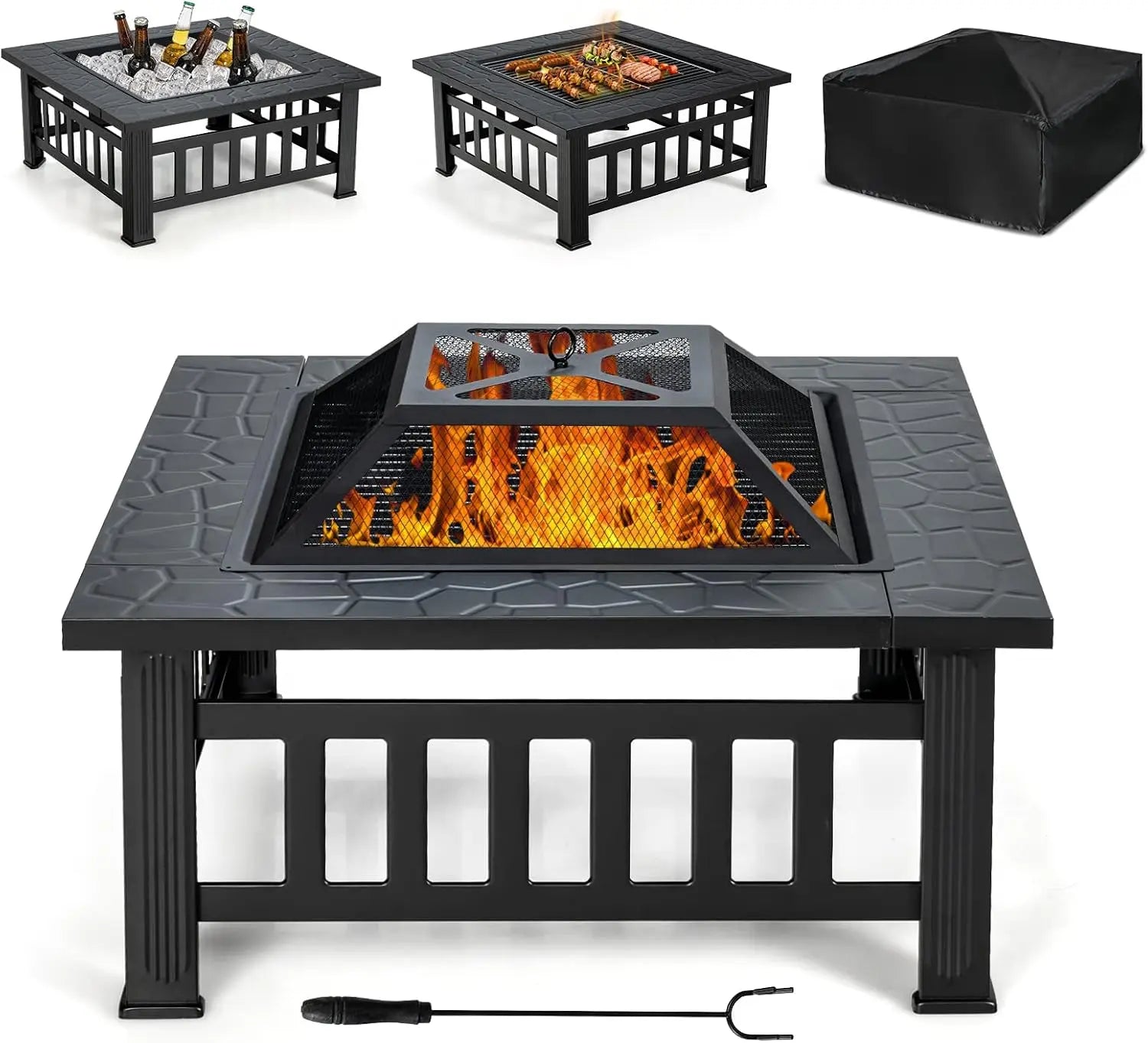 Outdoor Fire Pit Table Square Steel Fireplace With Spark Screen Log Grate BBQ Grill Poker Rain Cover Wood Burning Stove For Backyard Camping Patio Garden Bonfire Party Black