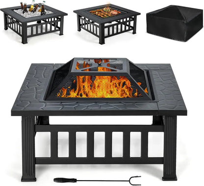 Outdoor Fire Pit Table Square Steel Fireplace With Spark Screen Log Grate BBQ Grill Poker Rain Cover Wood Burning Stove For Backyard Camping Patio Garden Bonfire Party Black