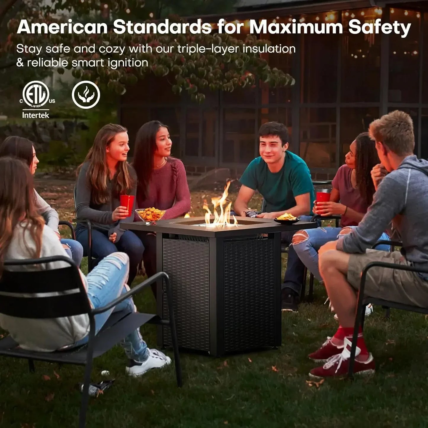 L # Wicker &Rattan Square Propane Fire Pit Table, Outdoor Dinning Gas Fire Table With Lid, Lava Stone, ETL Certification