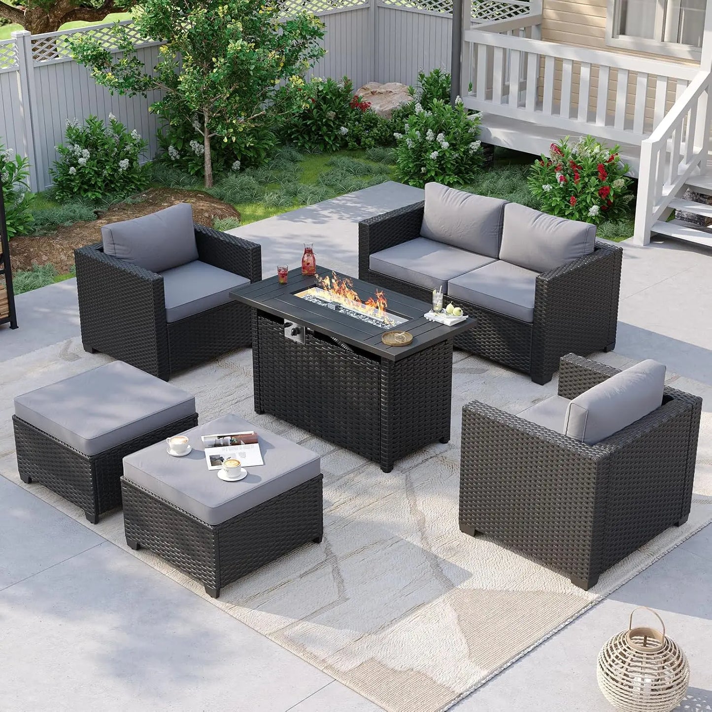 #7pc Patio Set Fire Pit Table Wicker Ottomans Rattan Sectional Cushions Cover Navy, Customized