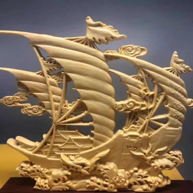 Boxwood Carved "Smooth Sailing" Boat Sculpture Auspicious Blessing for Home Office Decor
