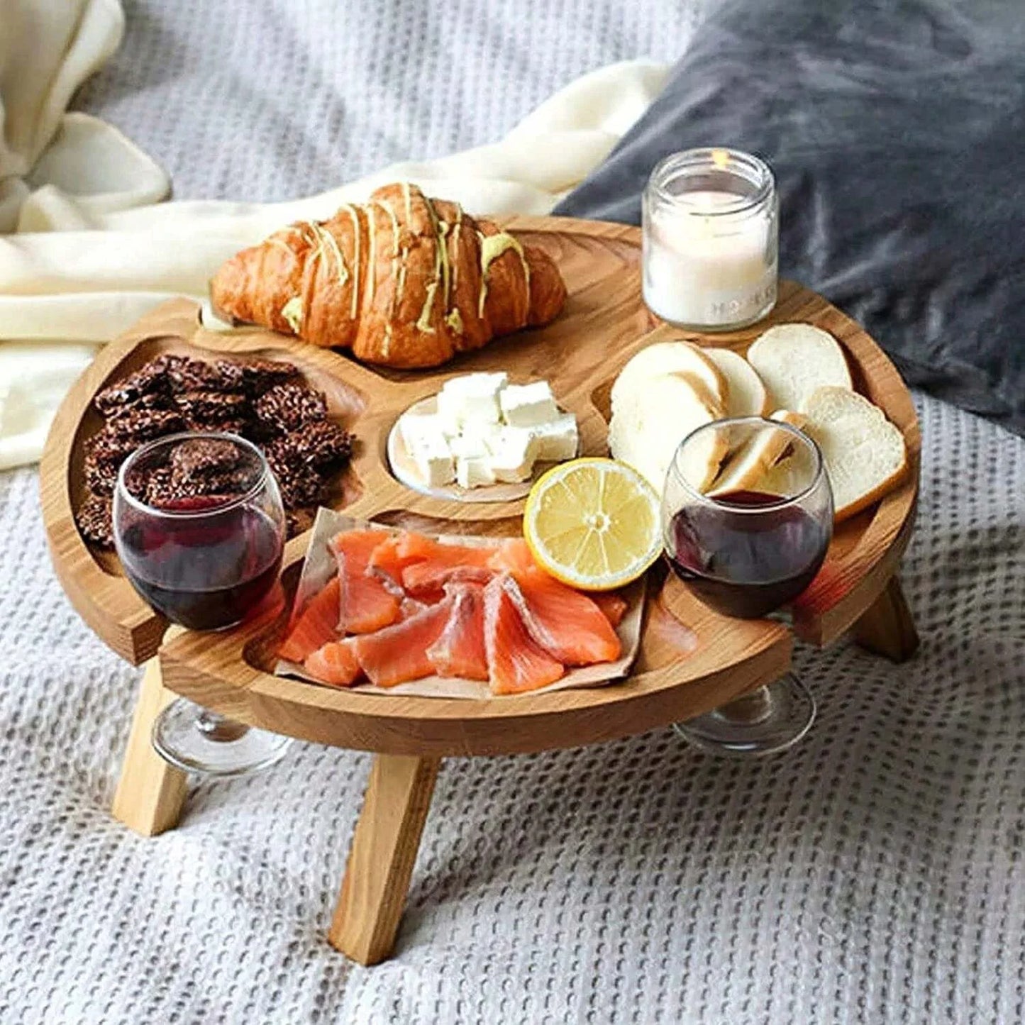 For Garden Party Folding Outdoor Wooden Table Round Collapsible Picnic Desk With Wine Glass Holder 2in1 Rack