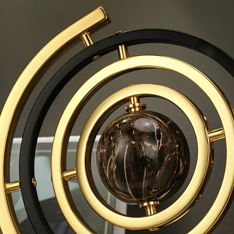 1PC Modern Abstract Metal Globe Sculpture Black & Golden Art Decor with Rectangular Base for Home Office Living Room Study Shelf