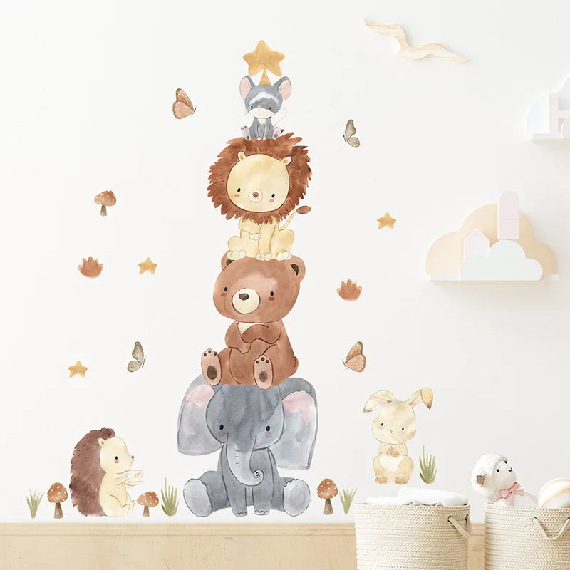 Forest Animals Rainbow Wall Stickers for Kids Rooms Children Boys Girls Baby Room Decoration Nursery Wallpaper Giraffe Elephant