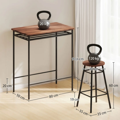 Homcom Set 1 Table + 2 Metal Bar Stools, Brown Mdf
