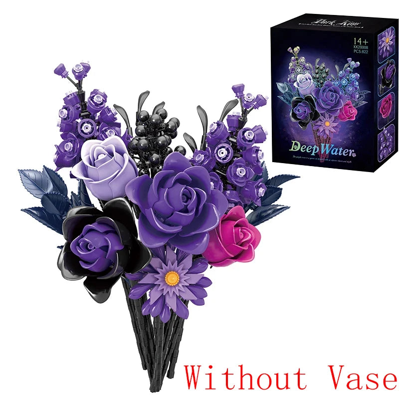 1218PCS Dark Romance Flower Building Blocks Gothic Bouquet With Vase Model Educational DIY Toy Desktop Decoration Gift For Adult