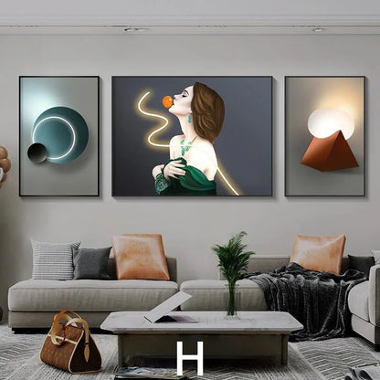 Living Room Decoration Painting LED Lighting Mural Painting Character Triptych Hanging Painting Bedroom Sofa Background Wall