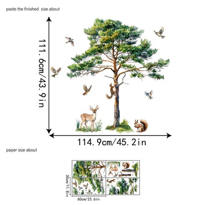 Large Pine Tree Wall Stickers Squirrel Deer Birds Forest Animal Decals Removable Vinyl Mural for Nursery Living Room Home Decor