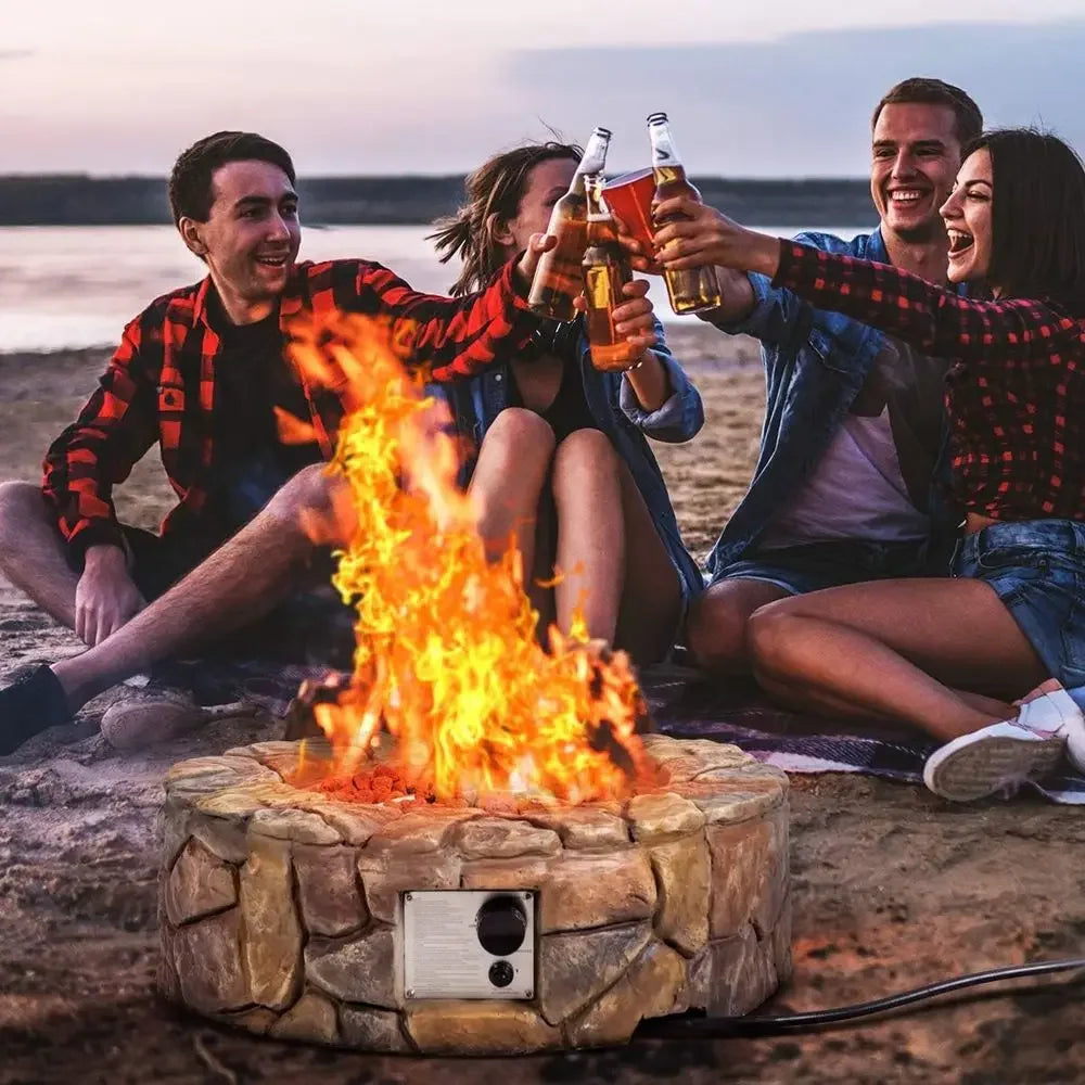 28 Inch Outdoor Propane Fire Pit with Natural Stone, Cover, ETL Certified, Stainless Steel Burner, Electronic Ignition, Lava Roc