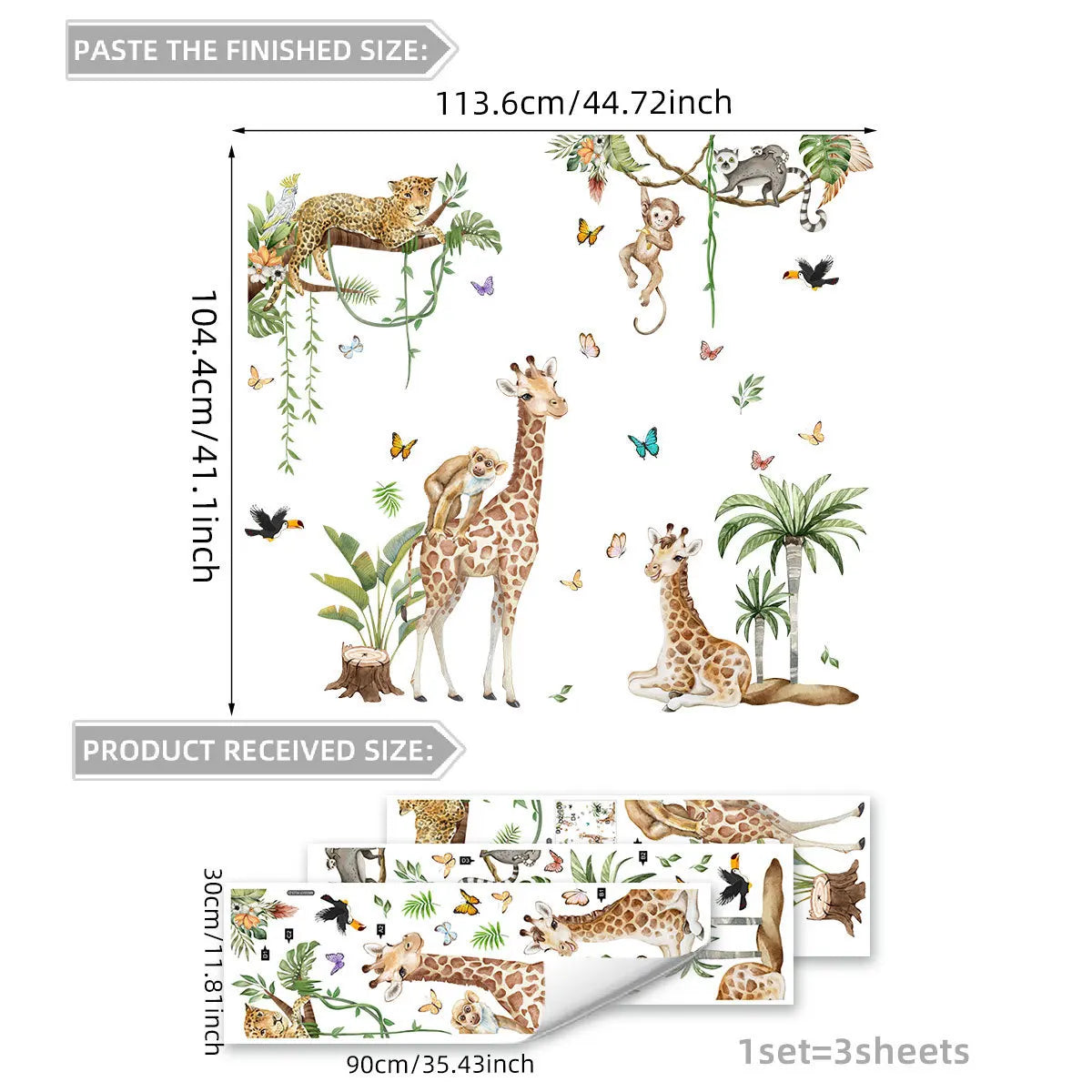 Large Forest Animals Wall Sticker Jungle Safari Giraffe Monkey Leopard Wallpaper for Kids Room Baby Bedroom Nursery Decoration