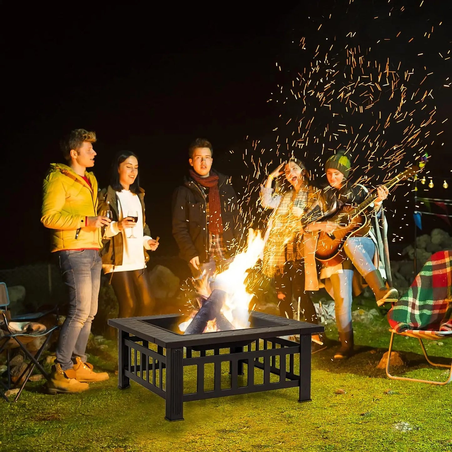 Outdoor Fire Pit Table Square Steel Fireplace With Spark Screen Log Grate BBQ Grill Poker Rain Cover Wood Burning Stove For Backyard Camping Patio Garden Bonfire Party Black