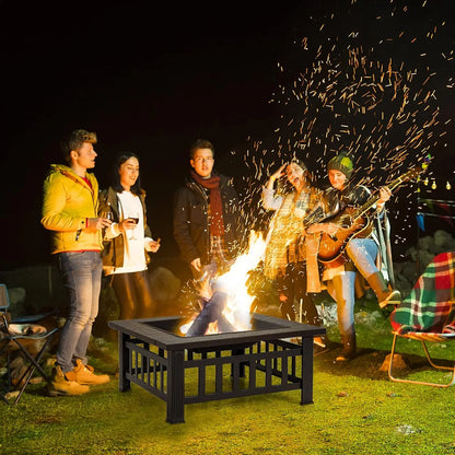 Outdoor Fire Pit Table Square Steel Fireplace With Spark Screen Log Grate BBQ Grill Poker Rain Cover Wood Burning Stove For Backyard Camping Patio Garden Bonfire Party Black