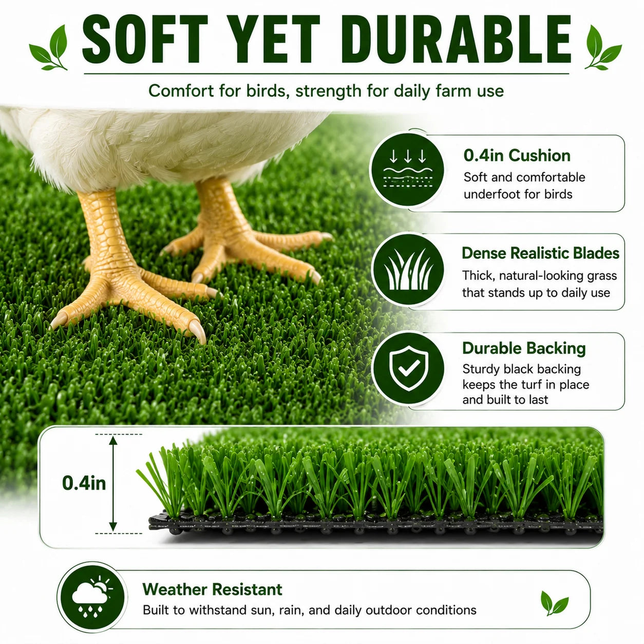 6FT x 30FT Artificial Grass Turf Roll, 0.4in Poultry Coop Flooring Mat for Chickens & Ducks, Quick Drain Synthetic Grass Rug with Black Backing, Easy to Clean Outdoor Farm Run Ground Cover with Stakes