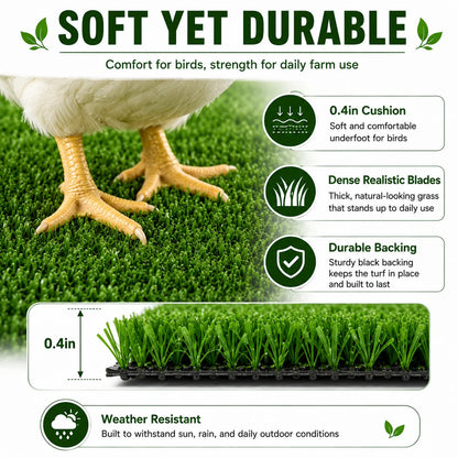 6FT x 30FT Artificial Grass Turf Roll, 0.4in Poultry Coop Flooring Mat for Chickens & Ducks, Quick Drain Synthetic Grass Rug with Black Backing, Easy to Clean Outdoor Farm Run Ground Cover with Stakes