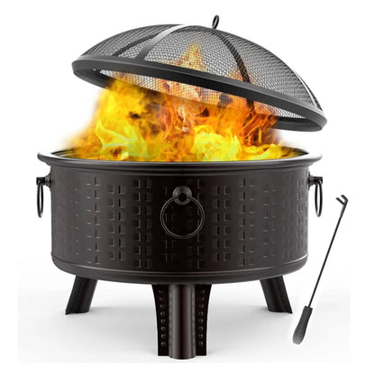 Large Outdoor Fire Pit Bowl - Round Wood Burning Patio Firebowl with Portable Poker and Spark Screen