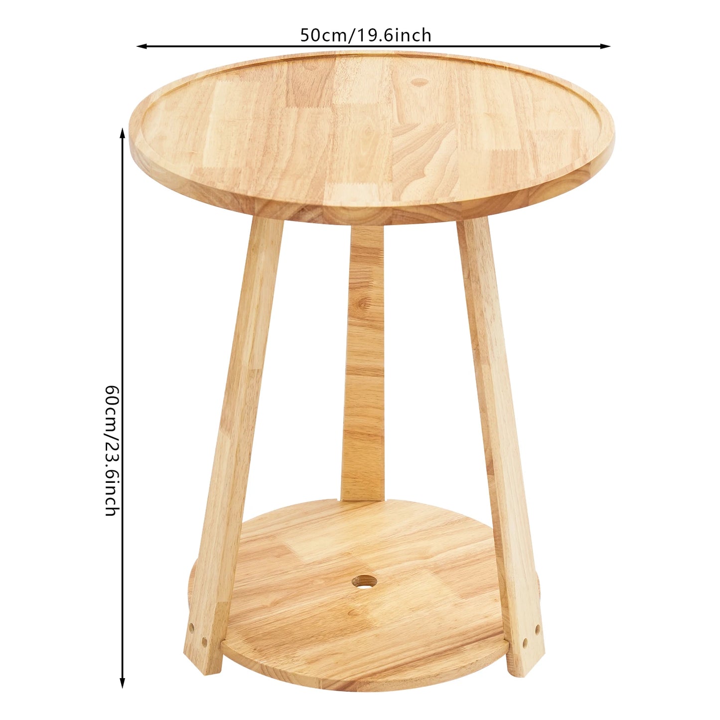 Small Round Side Table, Side Table for Small Spaces, Modern Couch End Table, 2-Tier Rubberwood Nightstand for Living Room Bedroom, 50x50x60cm, Natural Wood Color