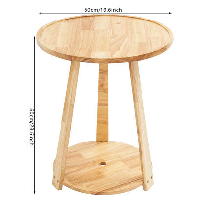 Small Round Side Table, Side Table for Small Spaces, Modern Couch End Table, 2-Tier Rubberwood Nightstand for Living Room Bedroom, 50x50x60cm, Natural Wood Color